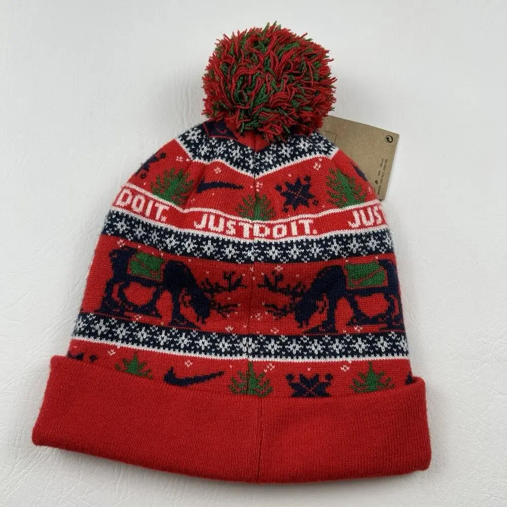 Nike Christmas Pom Beanie Hat Red Reindeer Just Do It Cuffed One Size NWT